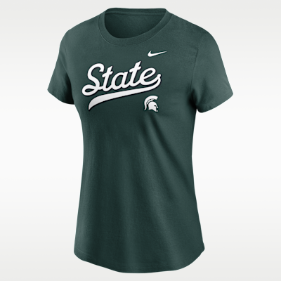 Playera universitaria Nike para mujer Michigan State Athletic Prep Arch Local Script