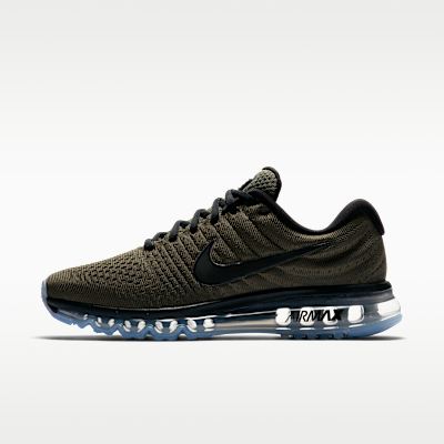 Nike Air Max 2017 in Cargo Khaki and Black, full lateral view showing full-length Air Max cushioning unit and mesh upper construction