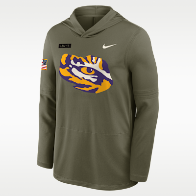 Playera de manga larga universitaria Nike Dri-FIT con gorro para hombre LSU 2025 Military Appreciation