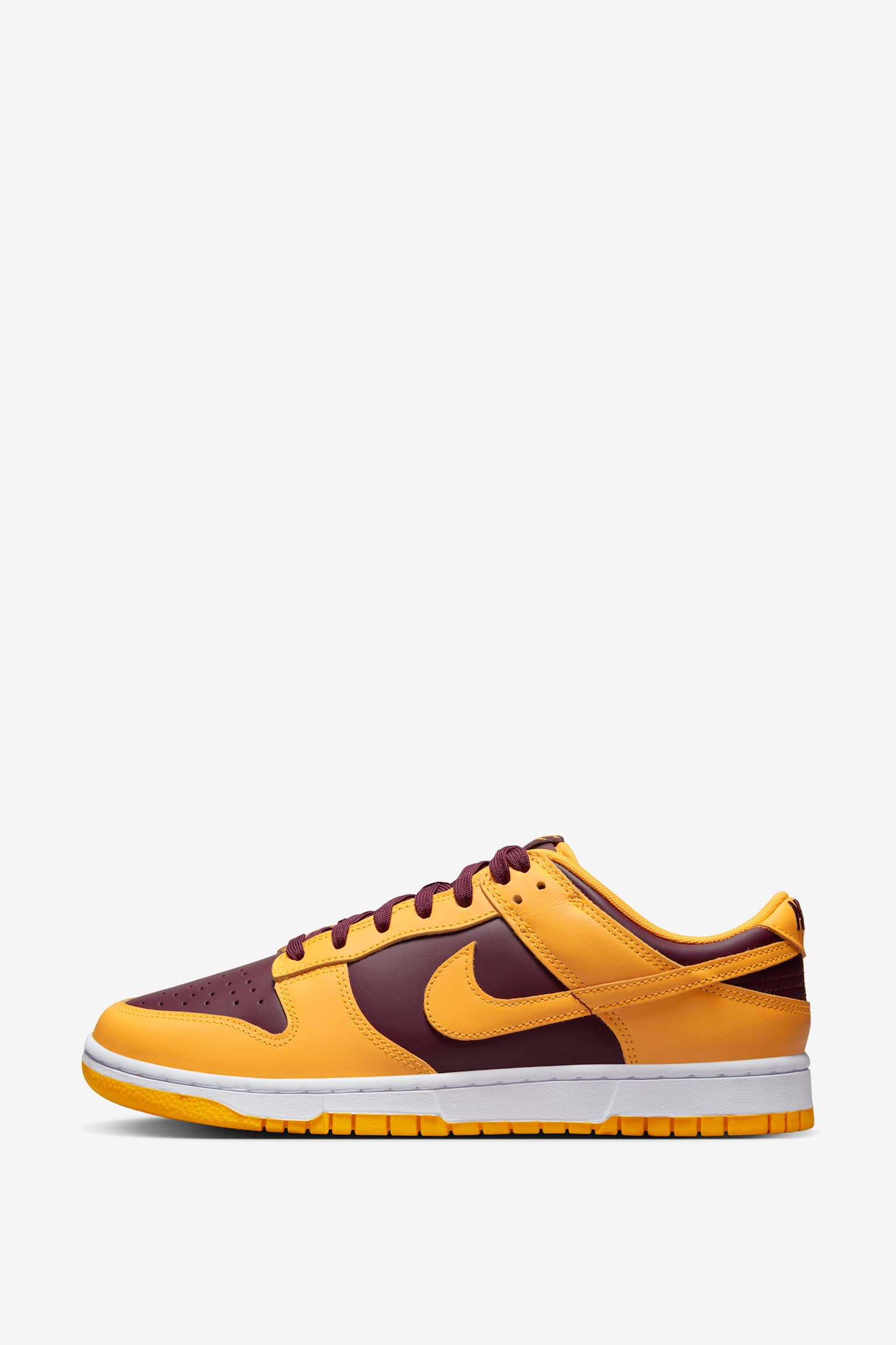 burgundy and yellow dunks