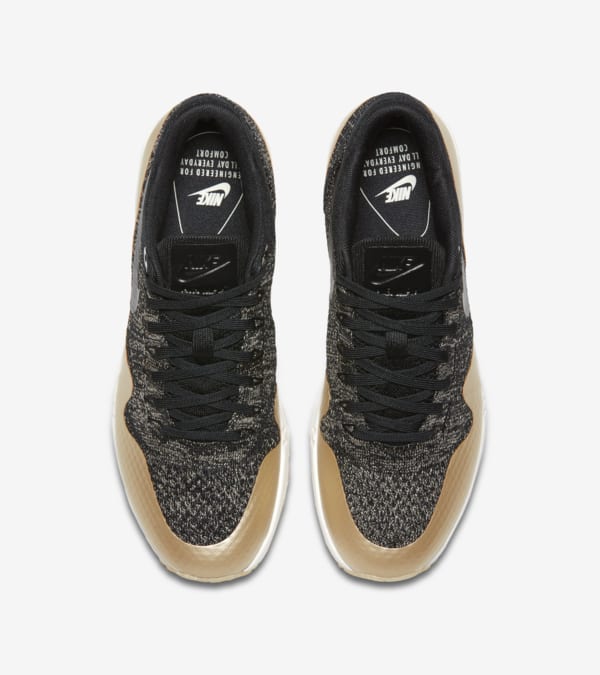 Women s Nike Air Max 1 Ultra 2.0 Flyknit Metallic Black Metallic Gold Nike SNKRS