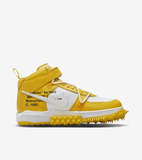 Air Force 1 Mid x Off White White and Varsity Maize DR0500 101 release date. Nike SNKRS