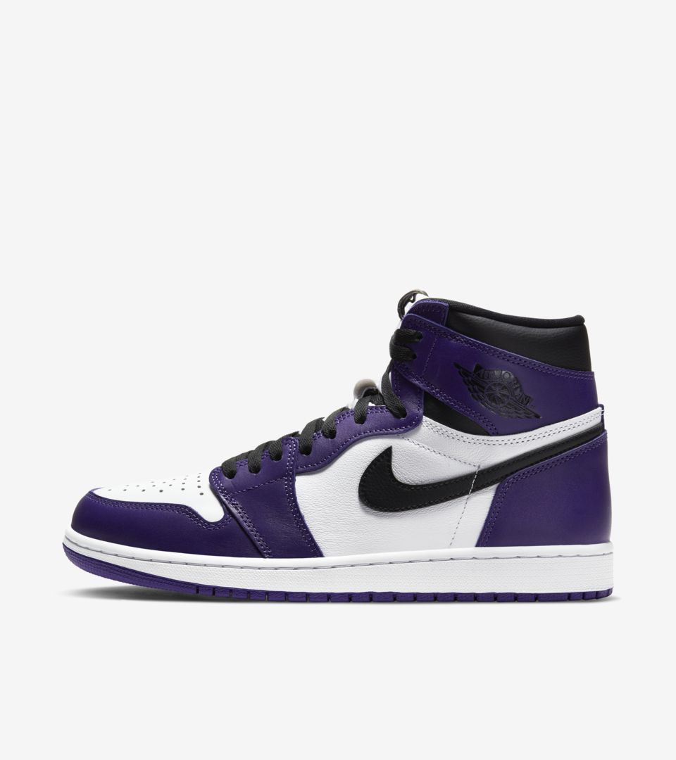 purple black and white jordan 1s