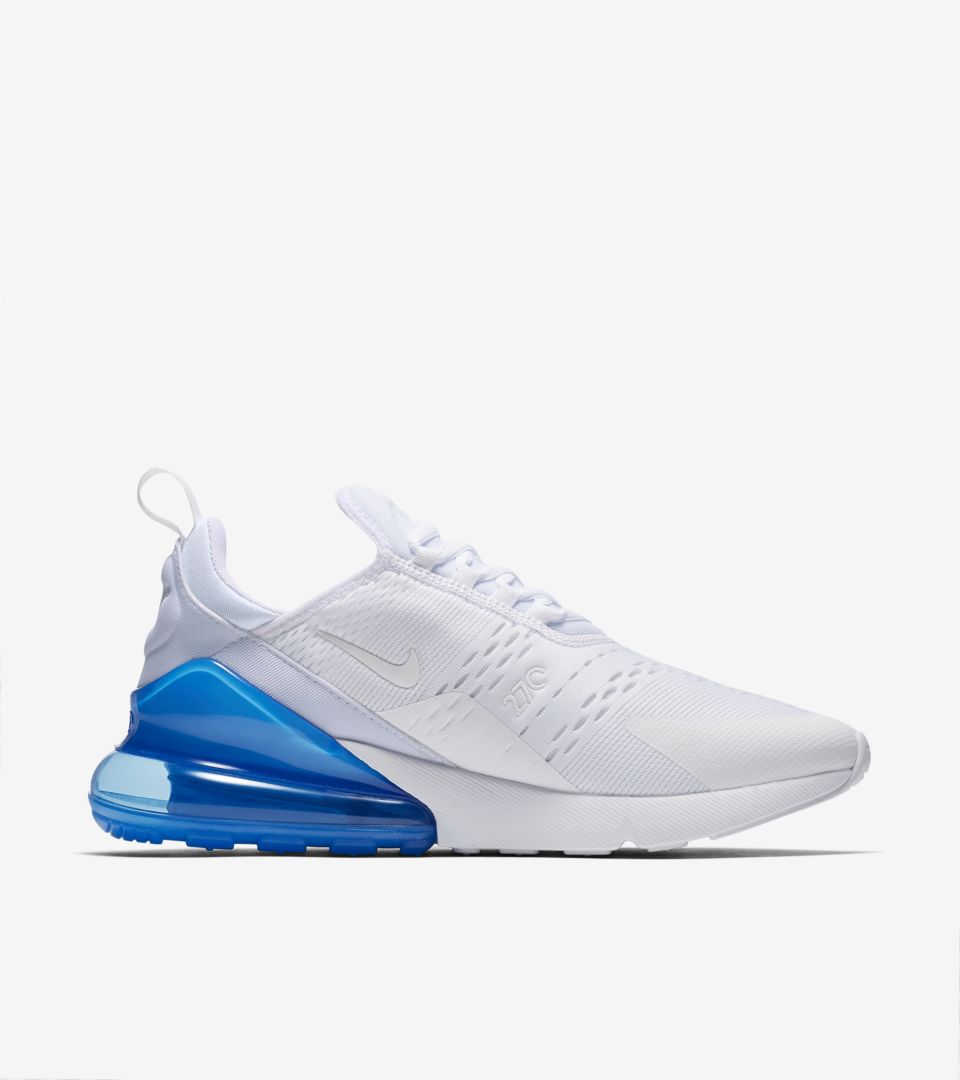 white and blue air max 270s