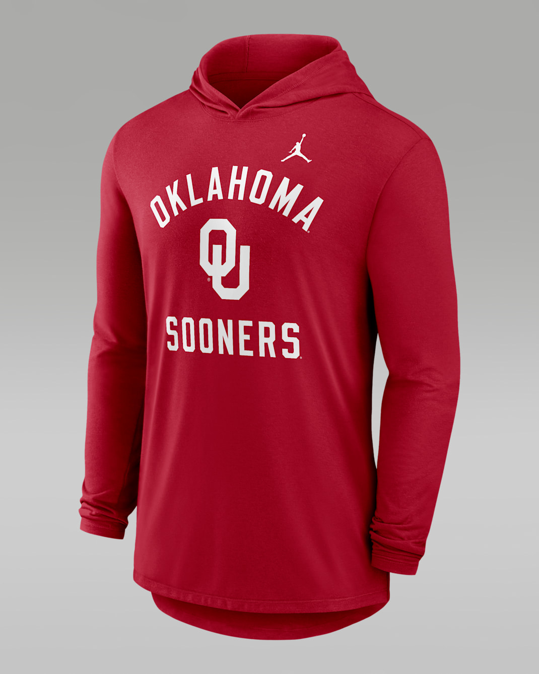 Playera de manga larga universitaria marca Jordan Dri-FIT con gorro para hombre Oklahoma Campus Arch - Carmesí