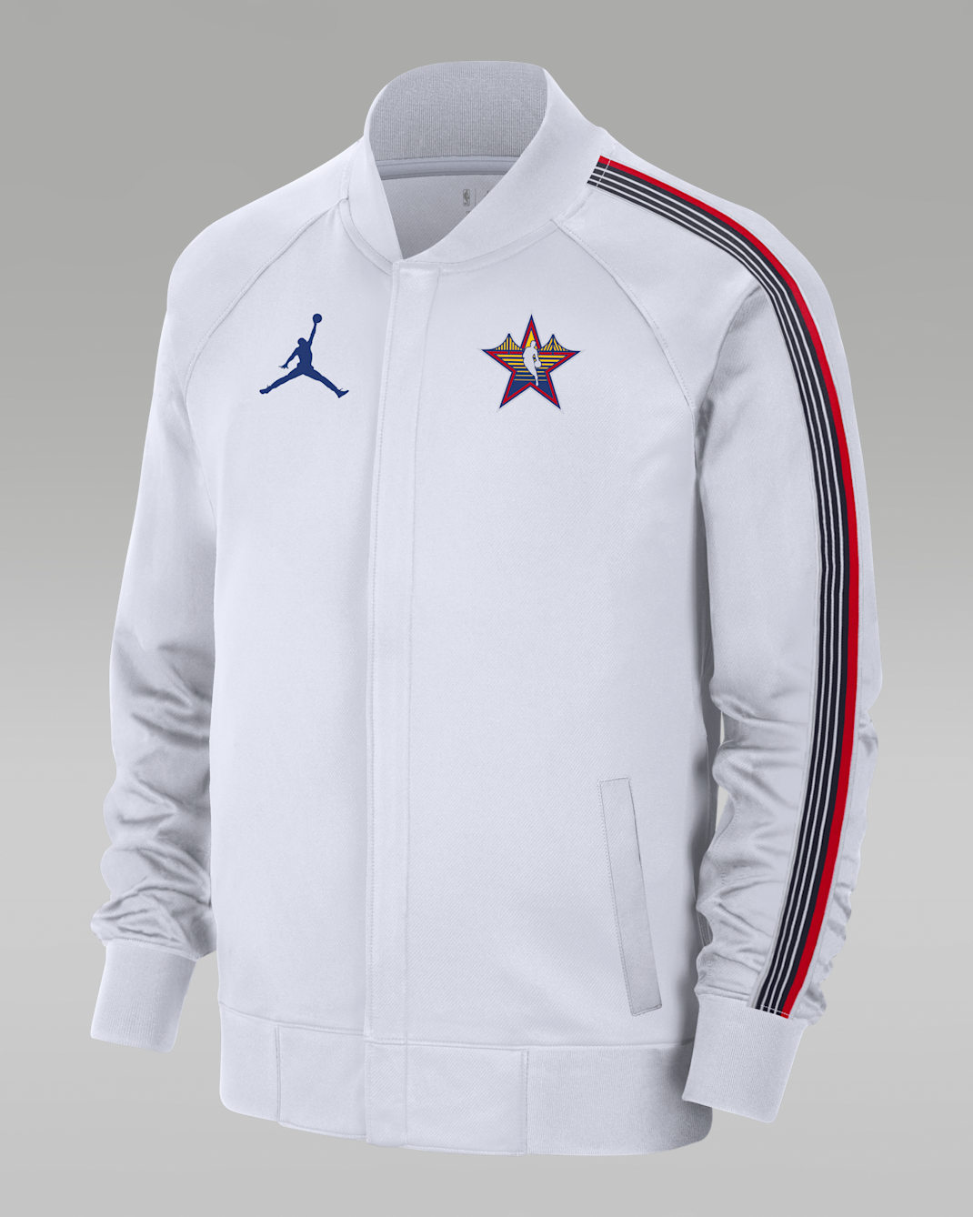 Chamarra de manga larga Jordan de la NBA de cierre completo para hombre 2025 All-Star Weekend Showtime - Blanco/Azul enérgico
