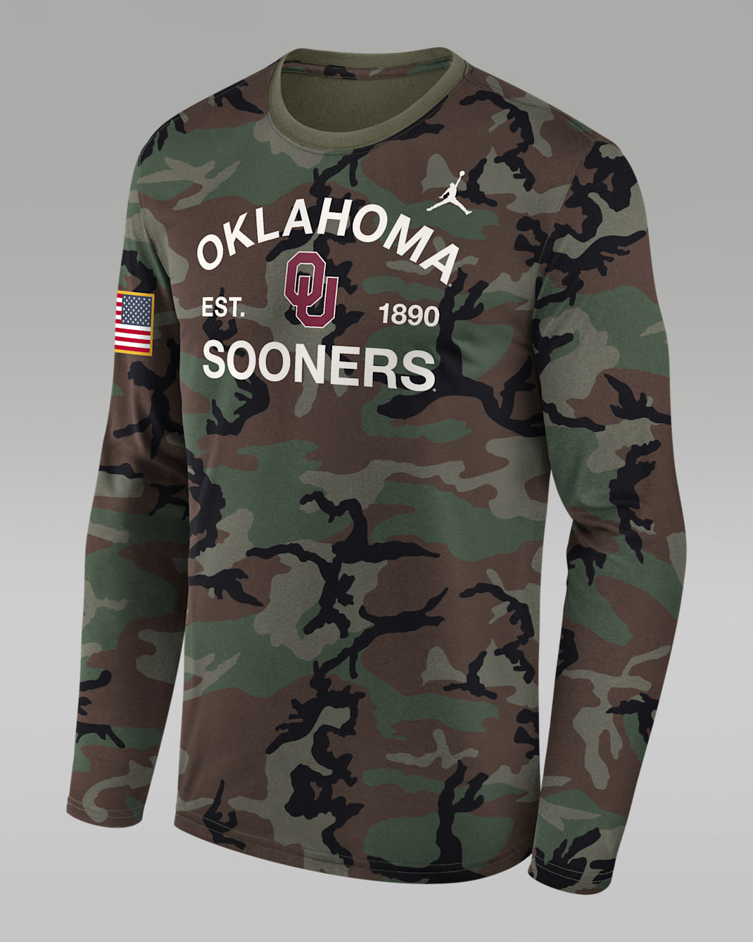 Playera de manga larga universitaria marca Jordan Dri-FIT para hombre Oklahoma 2025 Military Appreciation Legend - Oliva