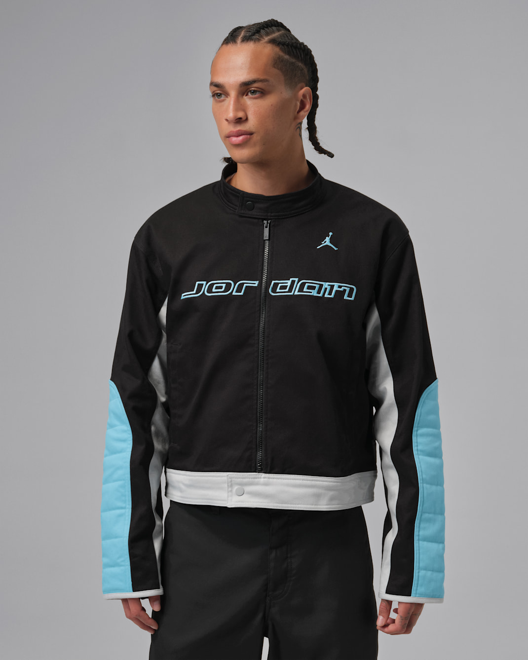 Jordan Brooklyn Men's Motorsport Jacket - Black/Blue Chill/Pure Platinum/Blue Chill