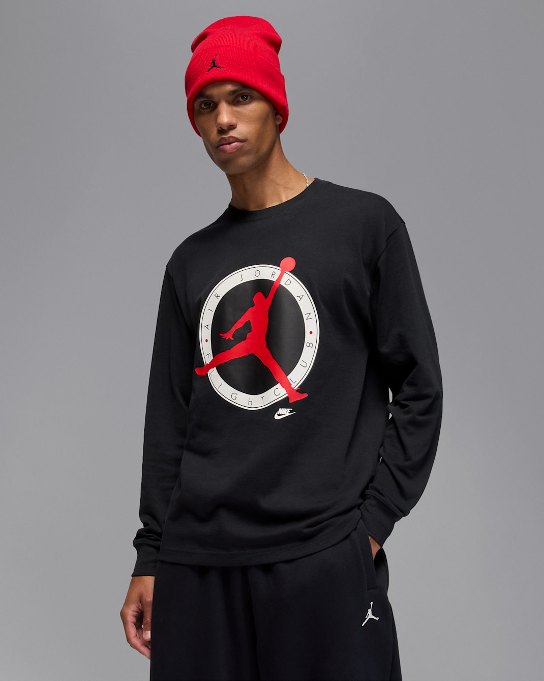 T-shirt de manga comprida Jordan Flight Club para homem - Preto/Vermelho University