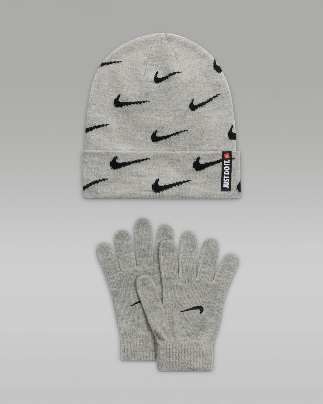 Conjunto de gorro y guantes para niños talla grande Nike Swoosh Repeat - Gris oscuro jaspeado