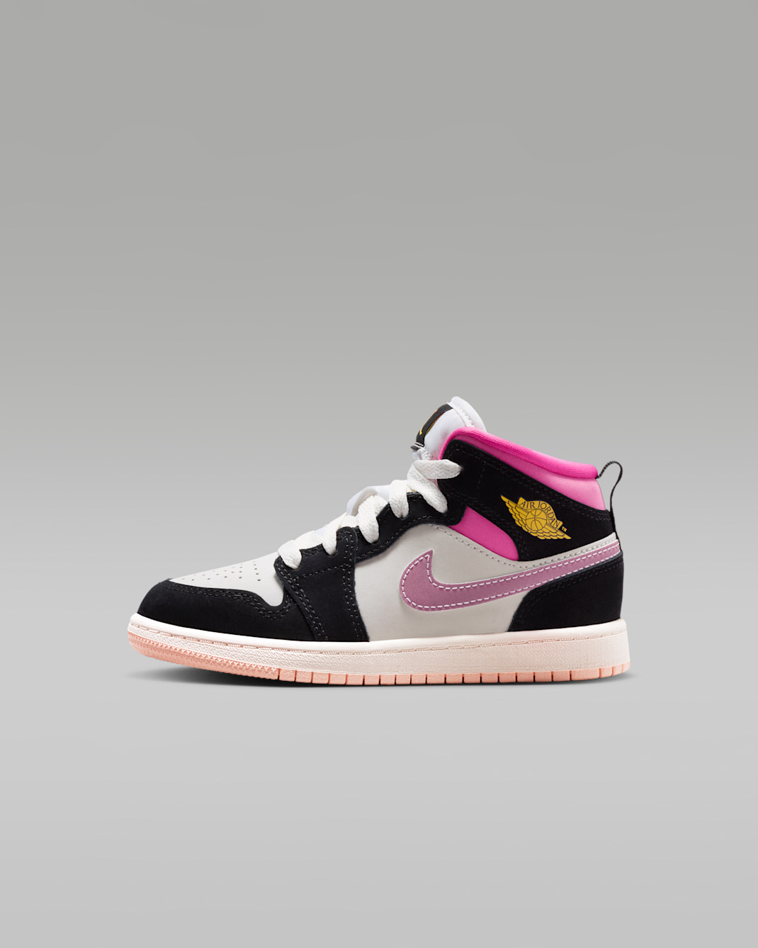 Jordan 1 Mid Younger Kids' Shoes - Black/Sail/Pinksicle/University Gold