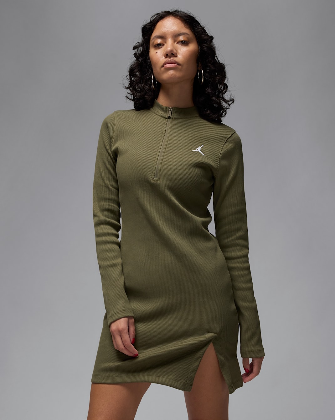 Vestido de manga larga de tejido Knit de medio cierre para mujer Jordan - Oliva medio/Blanco
