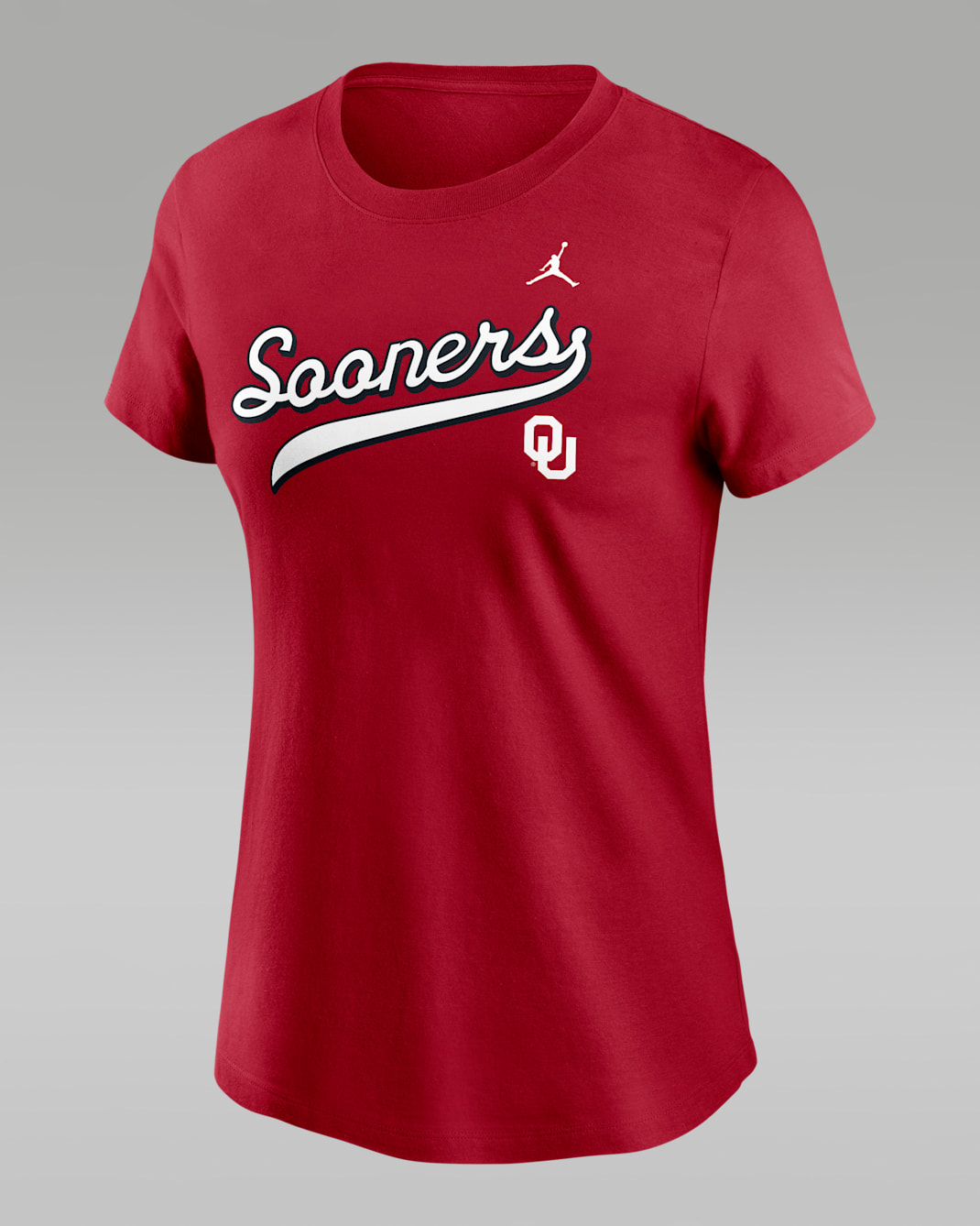 Playera universitaria marca Jordan para mujer Oklahoma Athletic Prep Arch Local Script - Carmesí