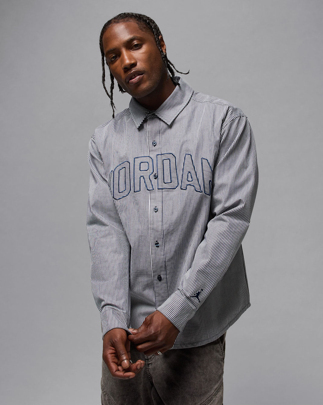 Jordan Flight Playera de manga larga Oxford para hombre - Obsidiana/Blanco/Obsidiana
