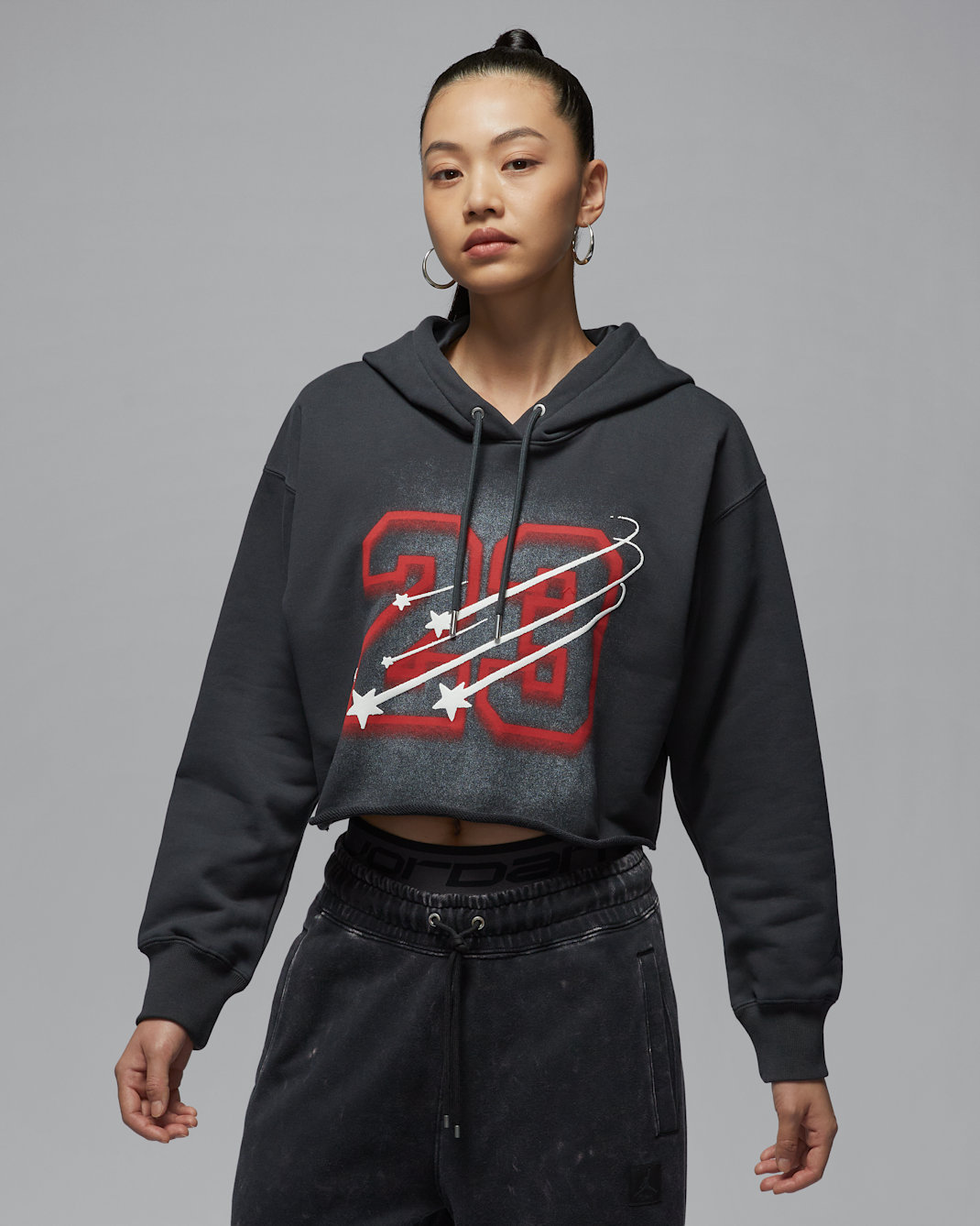 ジョーダン フライト フリース ウィメンズ クロップド サテン裏地付きフード パーカー - オフノワール