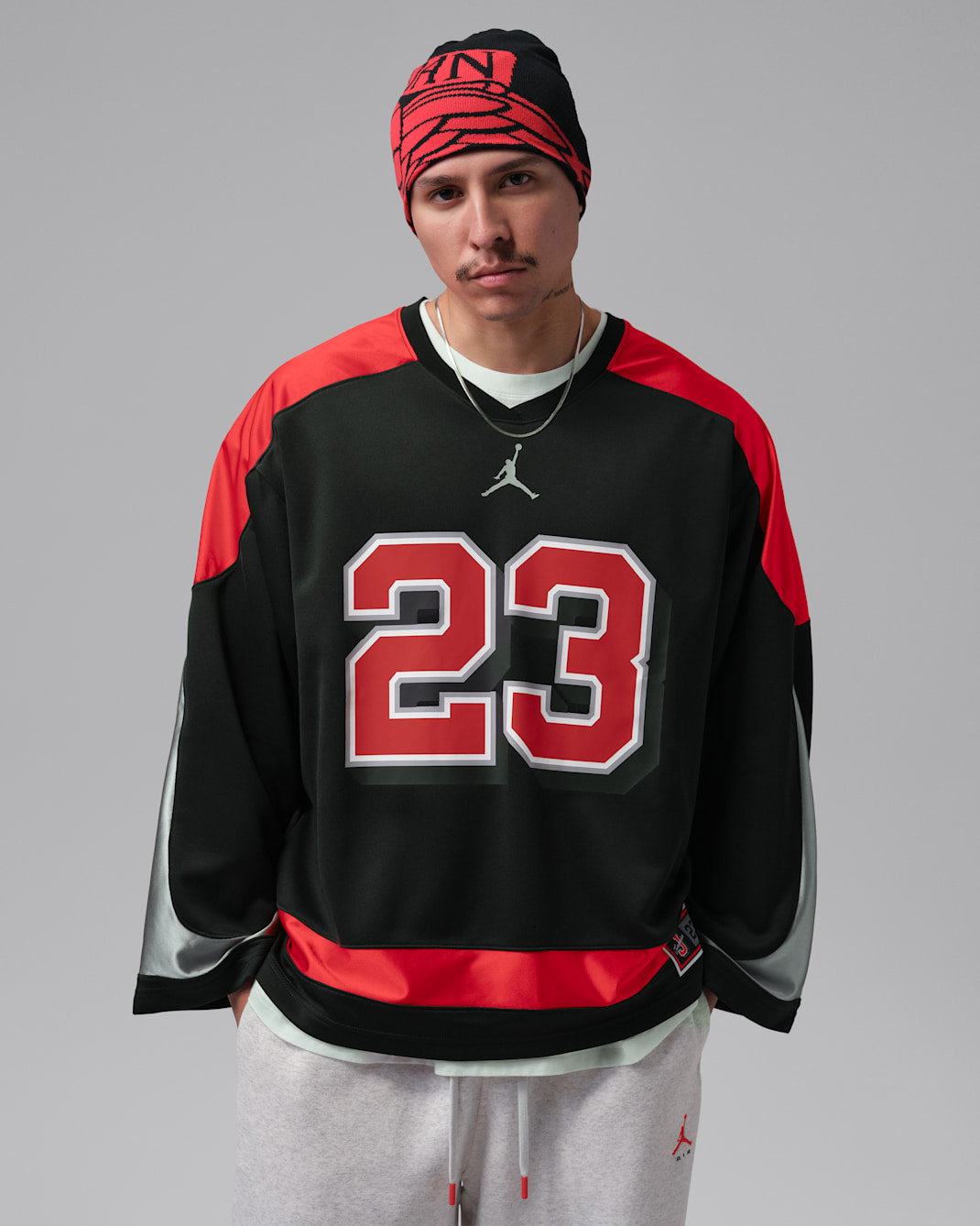 Jordan Brooklyn Men's Hockey Jersey - Black/Fire Red/Cement Grey