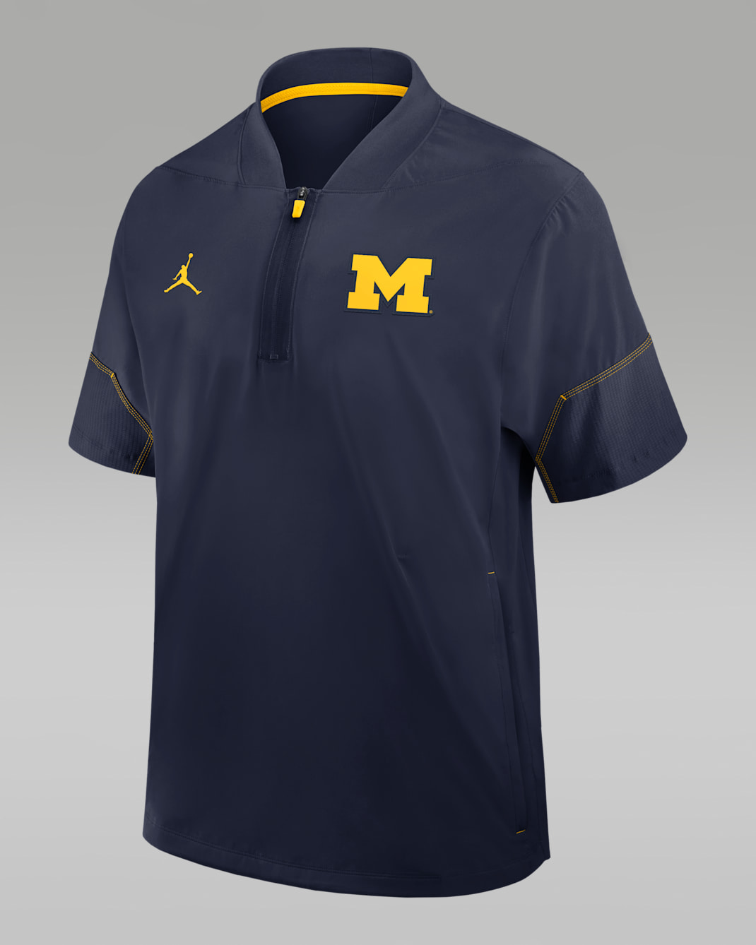 Michigan Sideline Coach Men's Jordan Brand College 1/2-Zip Short-Sleeve Hooded Jacket - College Navy