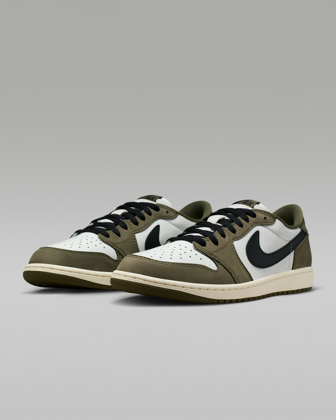 Air Jordan 1 Low OG Medium Olive heel view with Wings logo and sail midsole