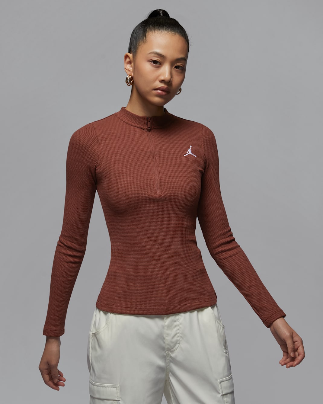 ジョーダン ウィメンズ ロングスリーブ 1/2ジップ ニット トップ - ダークポニー/ホワイト