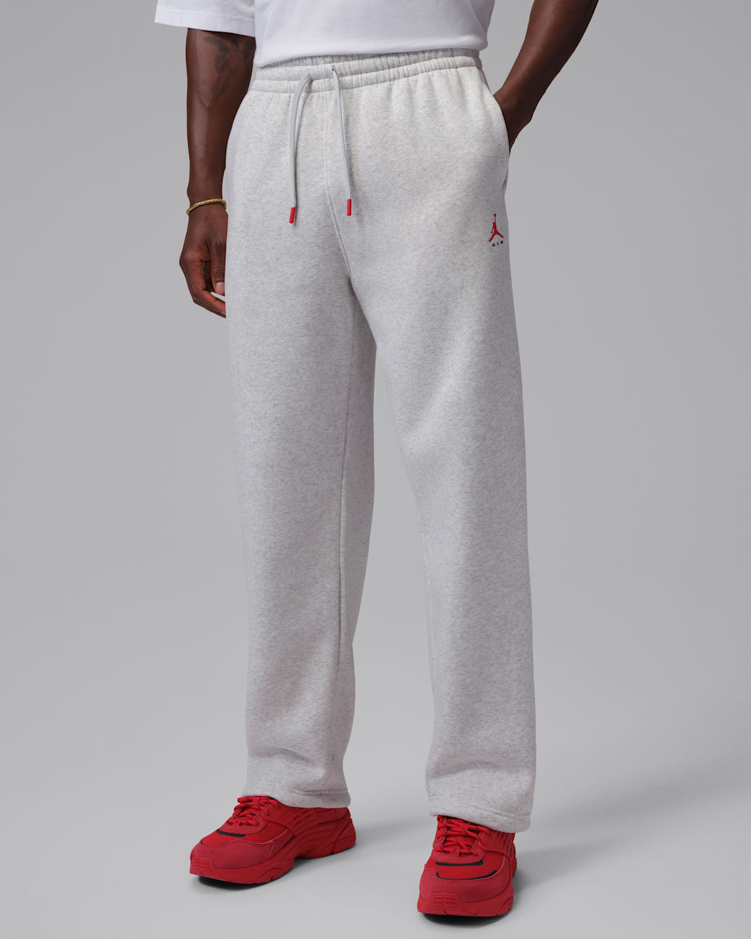 Jordan Brooklyn Men's Statement Fleece Open-Hem Trousers - Neutral Grey/Heather/University Red