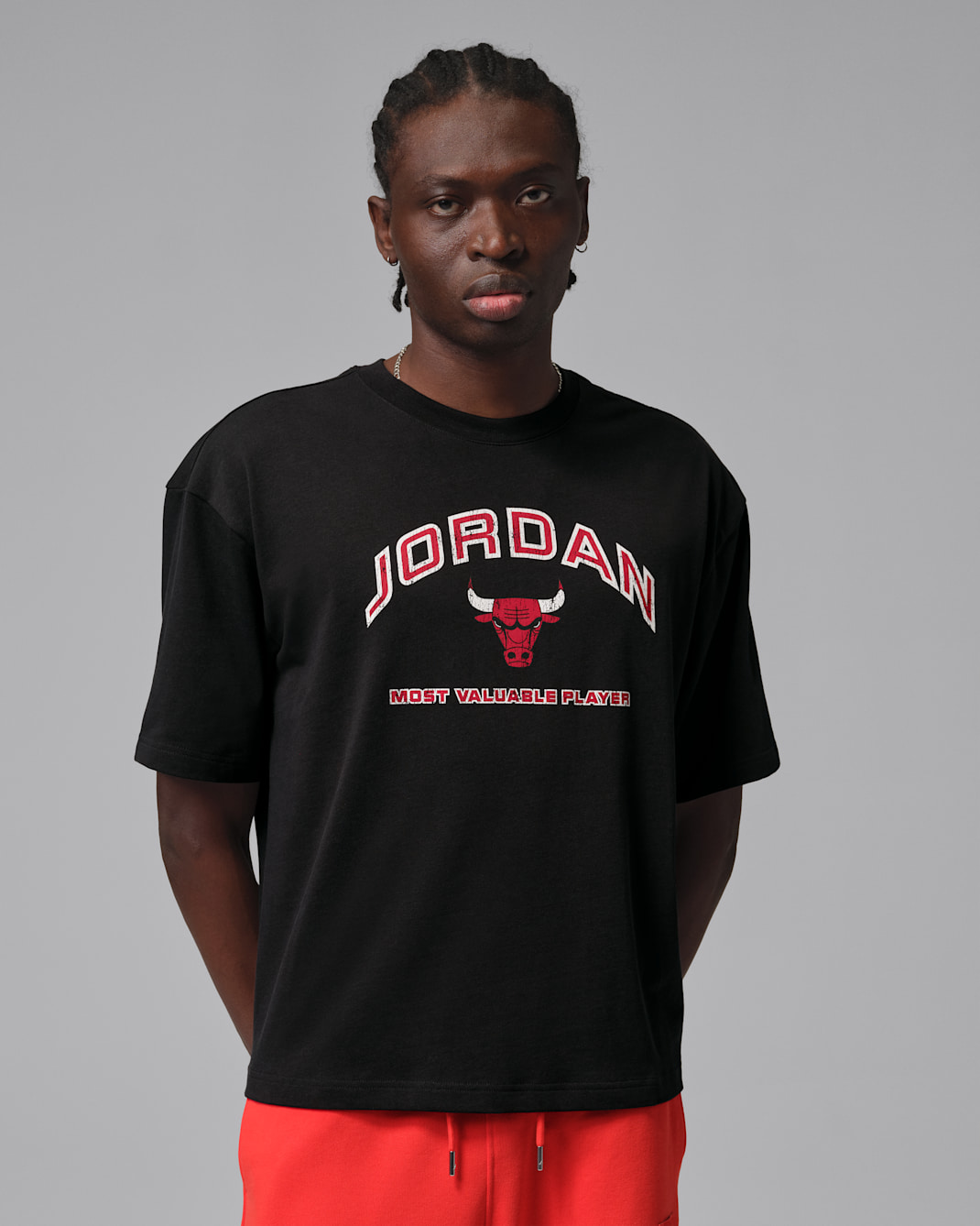 조던 플라이트 에센셜 남성 박시 그래픽 티셔츠 - 블랙/유니버시티 레드