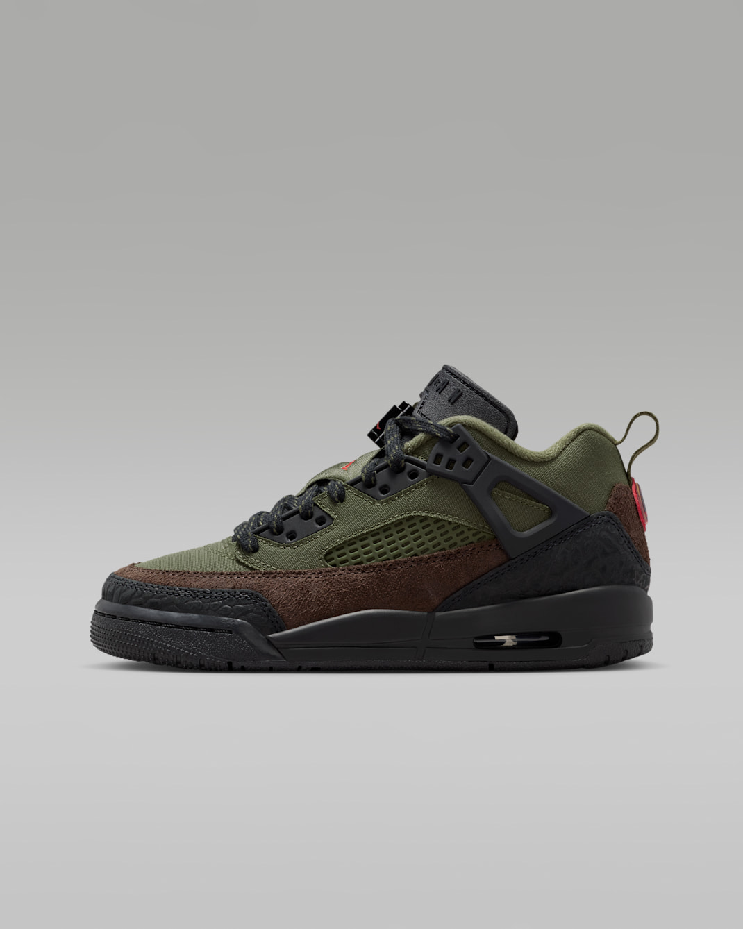 Jordan Spizike Low sko til store barn - Medium Olive/Svart/Baroque Brown/University Red