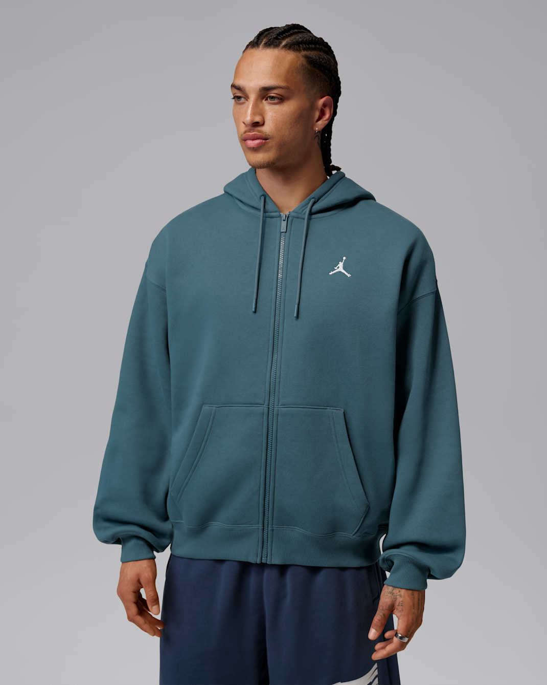 Huvtröja Jordan Brooklyn Fleece i oversize-modell med hel dragkedja för män - Ash Green/Vit