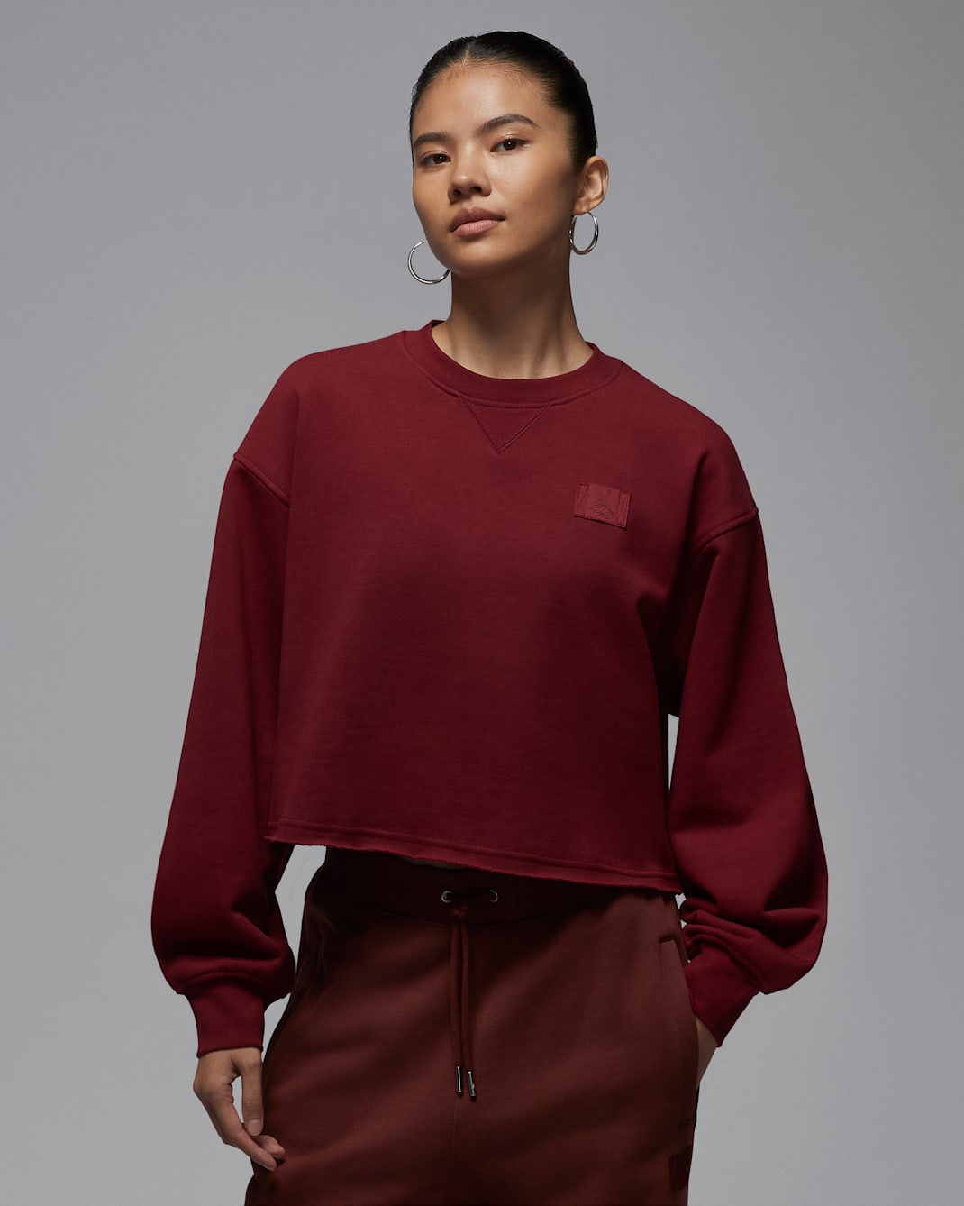 조던 플라이트 플리스 여성 모드 크롭 크루넥 스웻셔츠 - 팀 레드/다크 팀 레드