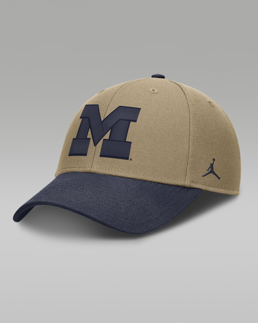 Michigan Primetime Rise Men's Jordan Brand Dri-FIT College Trucker Adjustable Hat - Classic Beige/Navy
