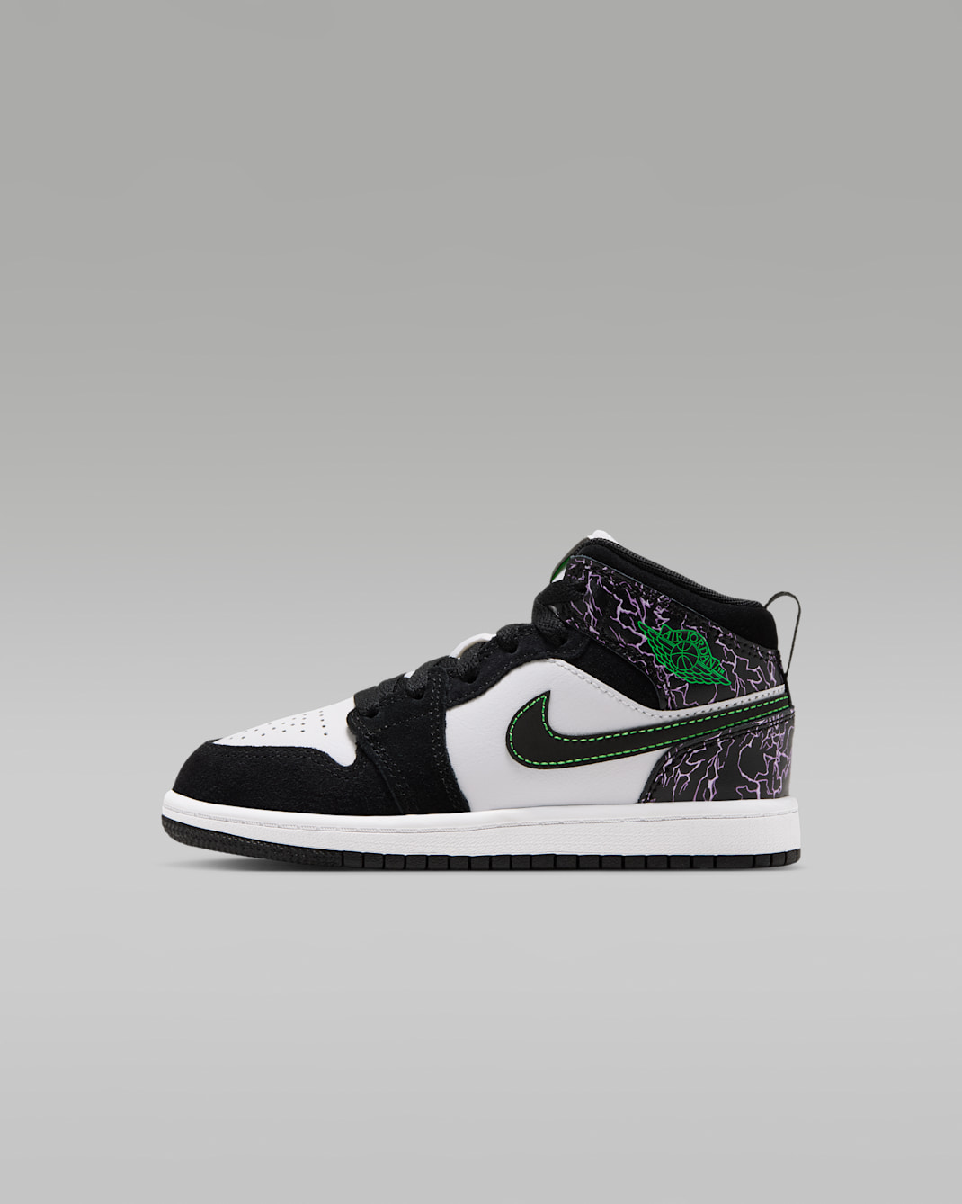 Tenis para niños de preescolar Jordan 1 Mid SE - Negro/Blanco cumbre/Morado láser/Verde grito