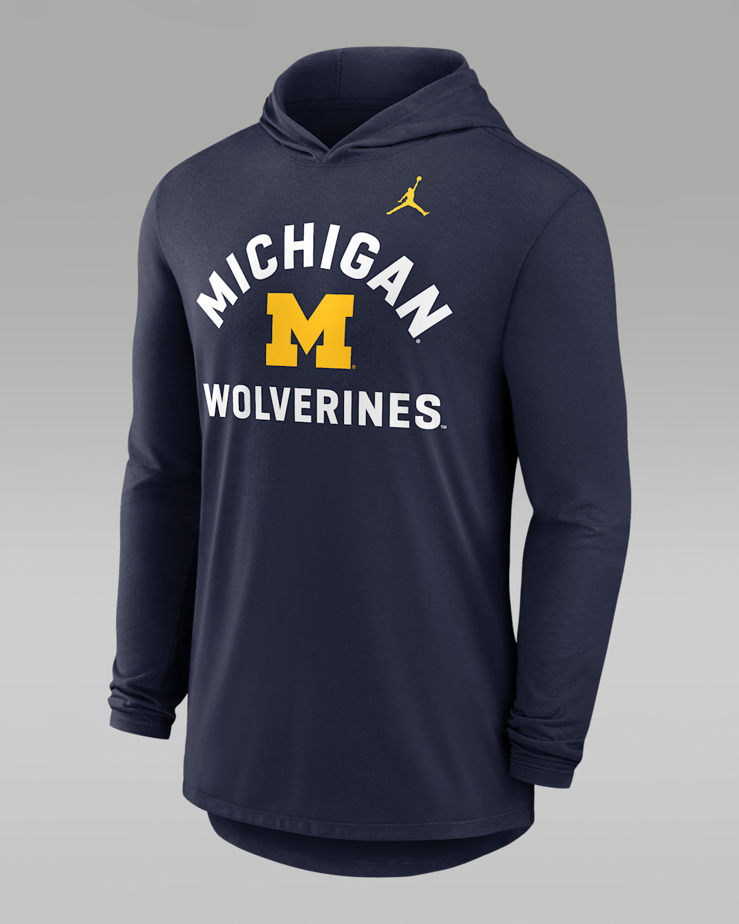 Playera con gorro de manga larga universitaria marca Jordan Dri-FIT para hombre Michigan Primetime Arch - Azul marino