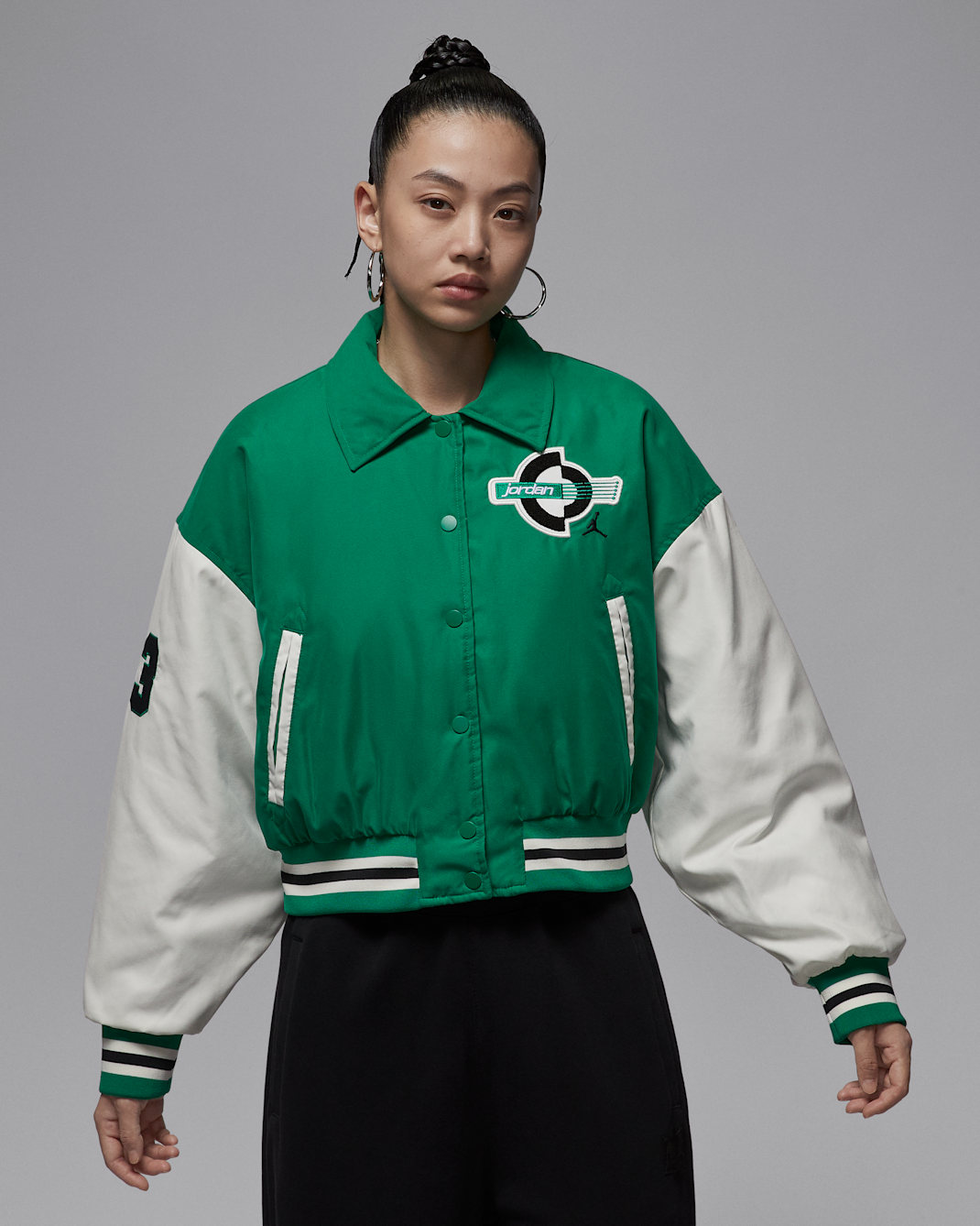 조던 브루클린 여성 써마 핏 바시티 재킷 - 말라카이트/세일/블랙