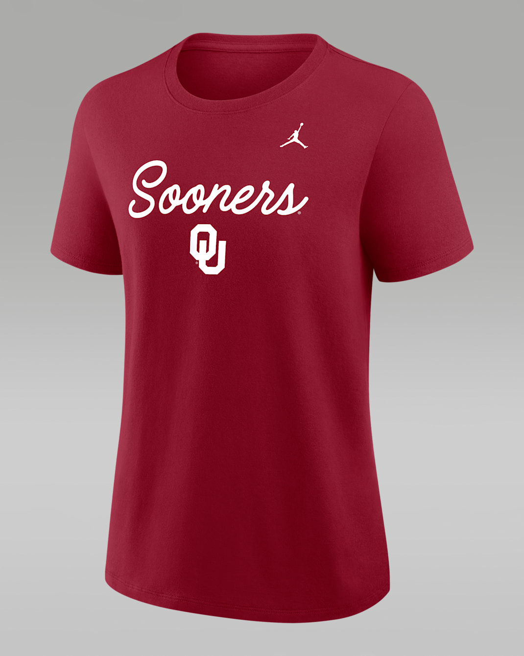 Playera universitaria marca Jordan para mujer Oklahoma Script Mantra Logo - Carmesí