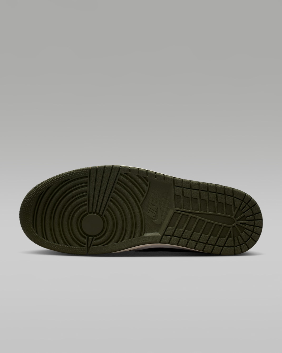 Air Jordan 1 Low OG Medium Olive outsole view in matching olive rubber