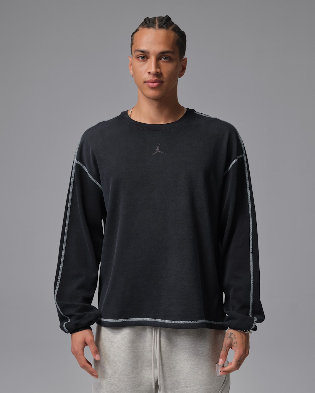조던 플라이트 남성 헤비웨이트 긴팔 탑 - 블랙/세일/블랙