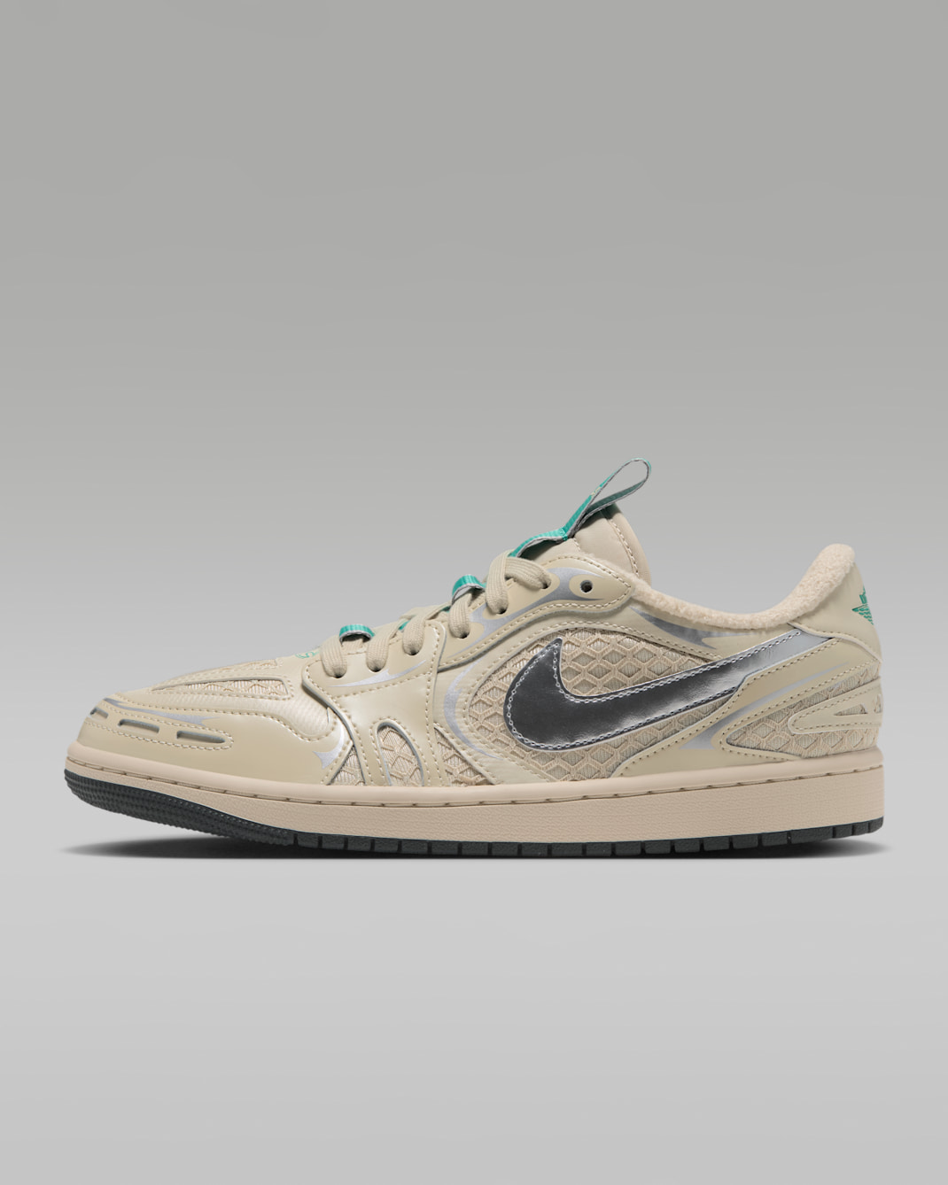 Air Jordan 1 Low Method of Make Women's Shoes - Light Khaki/Light Khaki/Emerald Green/Metallic Silver