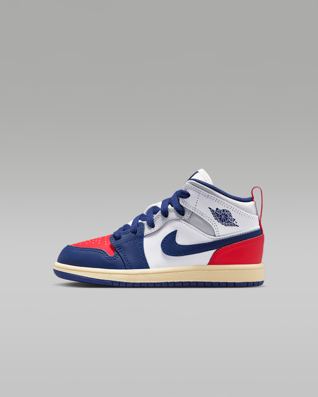 Jordan 1 Mid Younger Kids' Shoes - White/University Red/Neutral Grey/Deep Royal Blue