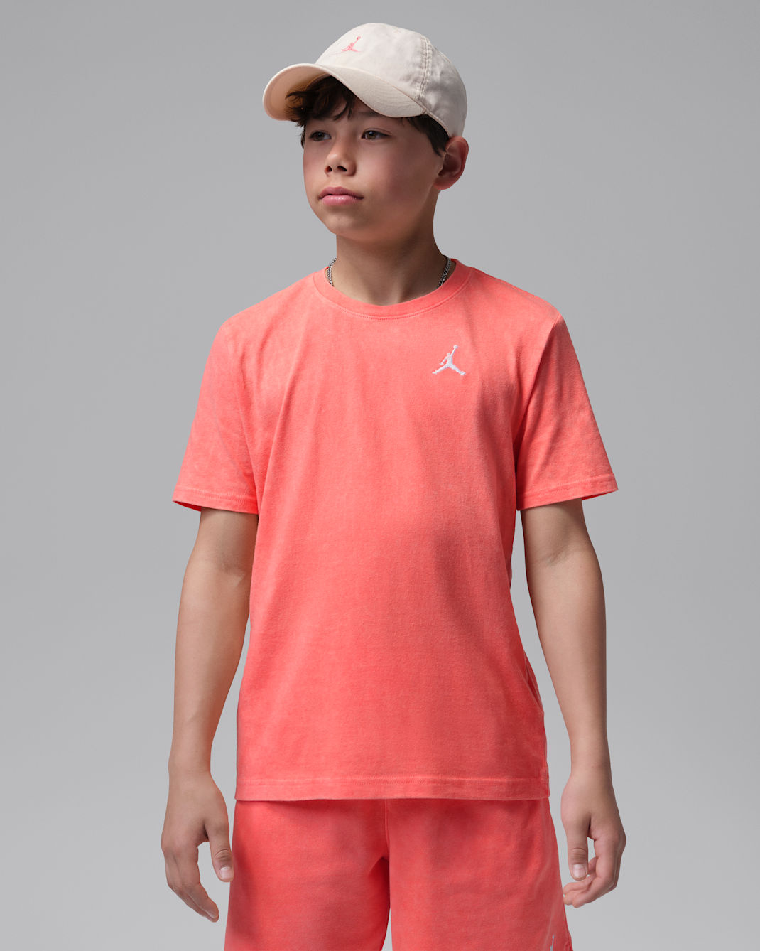 Jordan Big Kids' Air Embroidered Acid Wash T-Shirt - Bright Mango