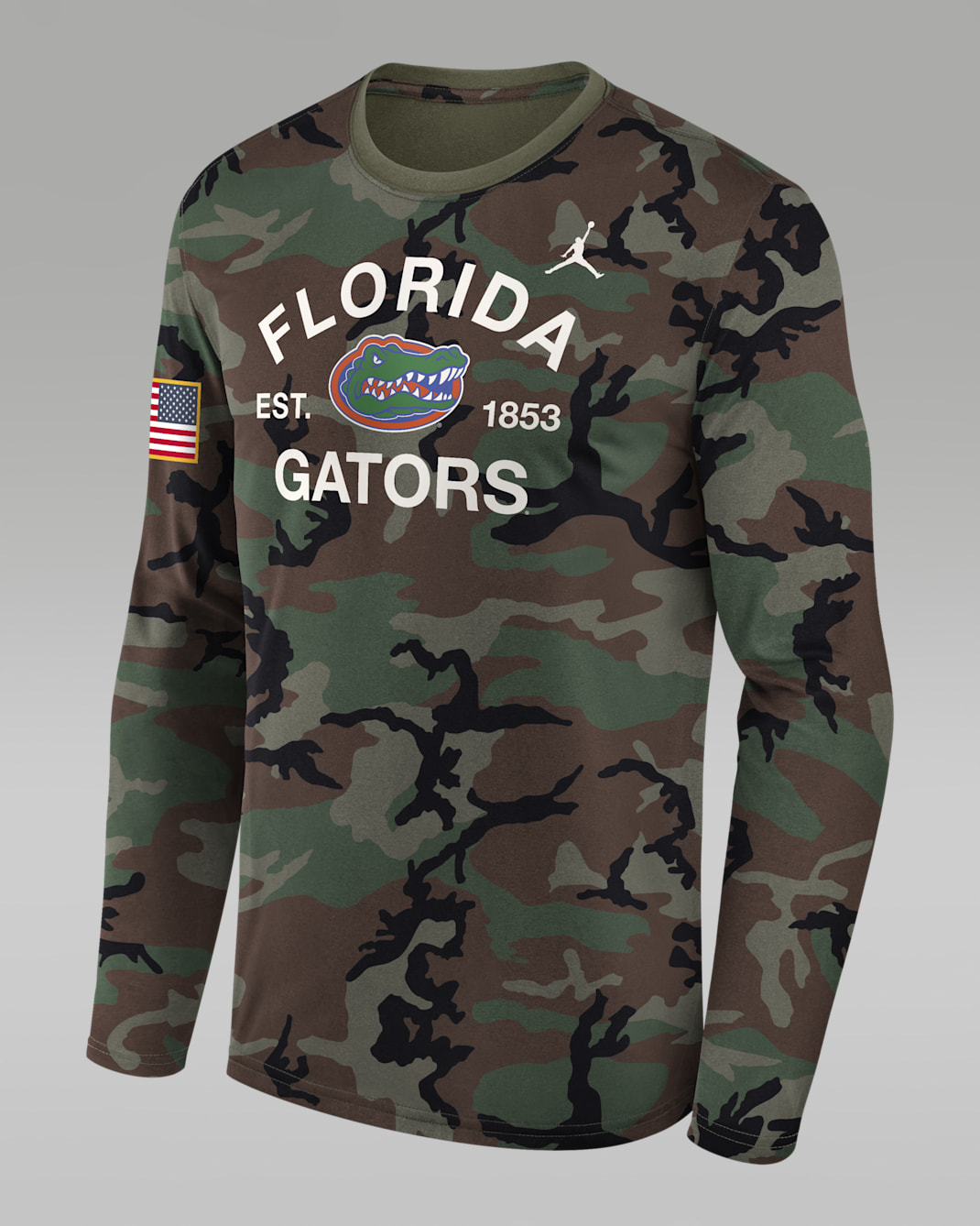 Playera de manga larga universitaria marca Jordan Dri-FIT para hombre Florida 2025 Military Appreciation Legend - Oliva