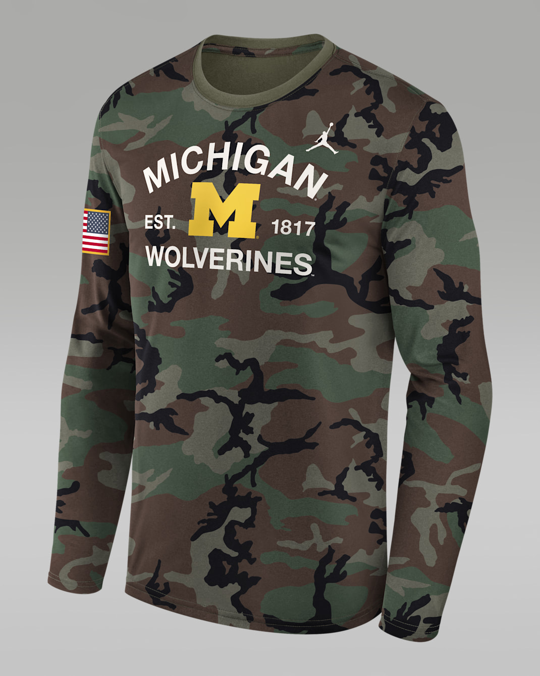 Playera de manga larga universitaria marca Jordan Dri-FIT para hombre Michigan 2025 Military Appreciation Legend - Oliva