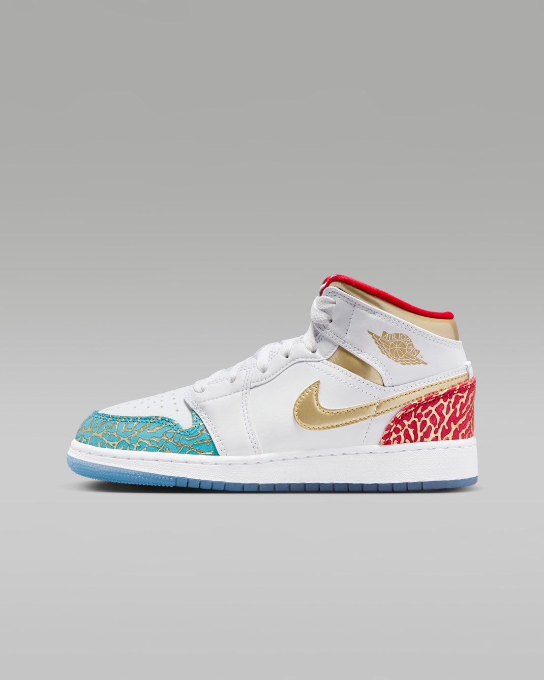 Air Jordan 1 Mid Sneaker School Older Kids' Shoes - White/University Red/Blue Lightning/Metallic Gold
