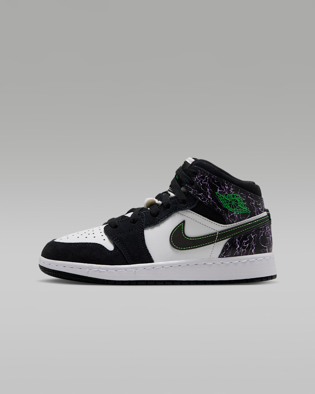 Tenis para niños grandes Air Jordan 1 Mid SE - Negro/Blanco cumbre/Morado láser/Verde grito
