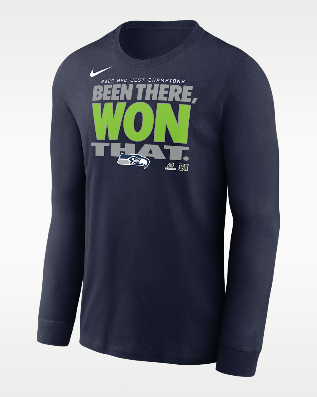 Seattle Seahawks 2025 NFC West Champions Trophy Collection Men's Nike NFL Long-Sleeve T-Shirt - Navy
