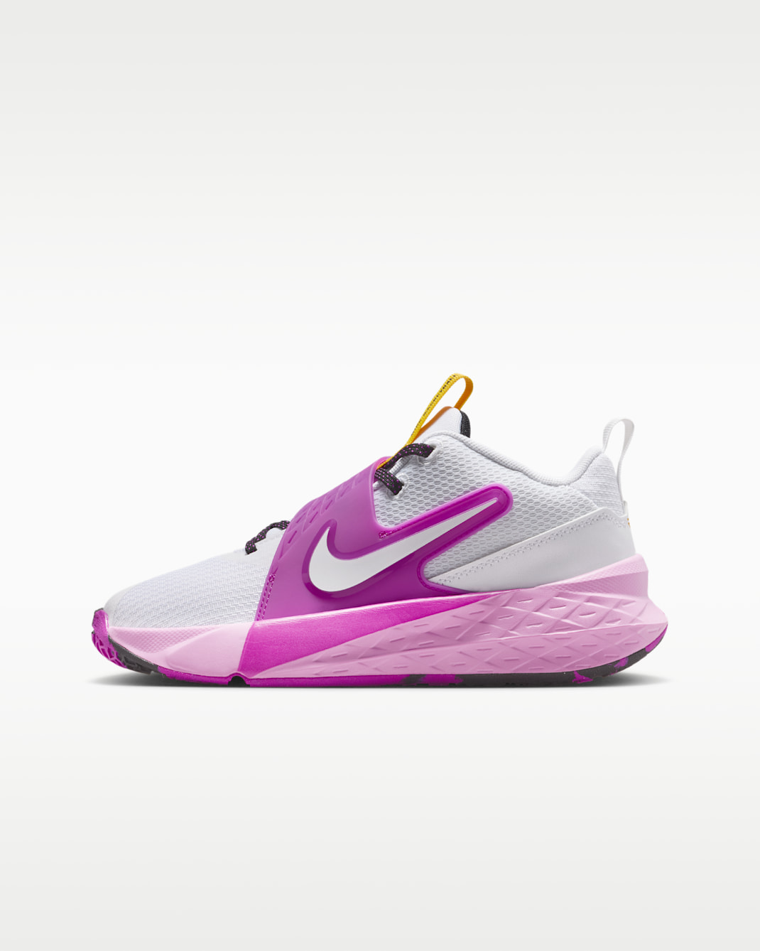 Nike Team Hustle D 12 Big Kids' Basketball Shoes - White/University Gold/Vivid Purple/White