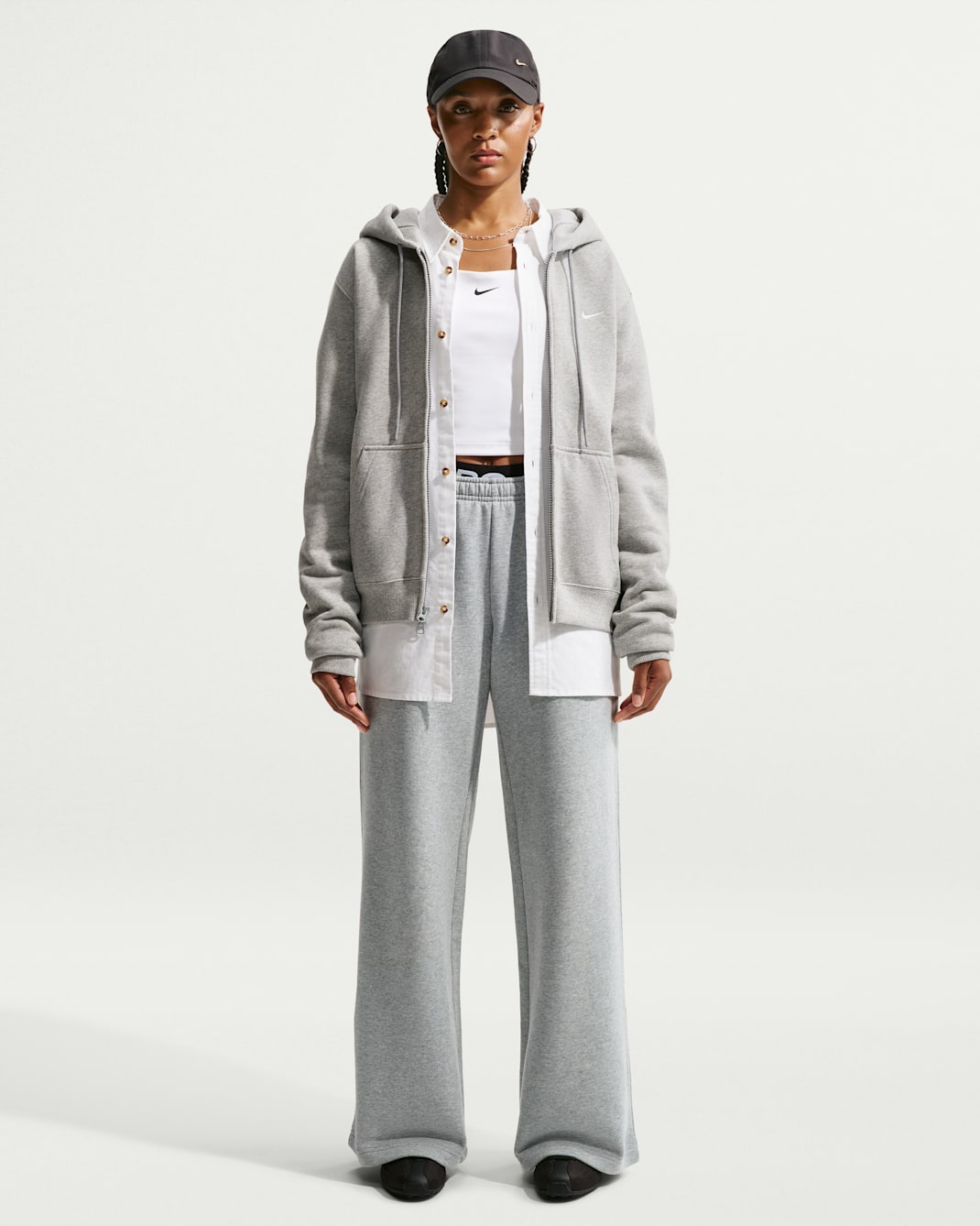 Nike Studio Fleece Medium Weight Women's Mid-Rise Wide-Leg Trousers - Dark Grey Heather/Sail
