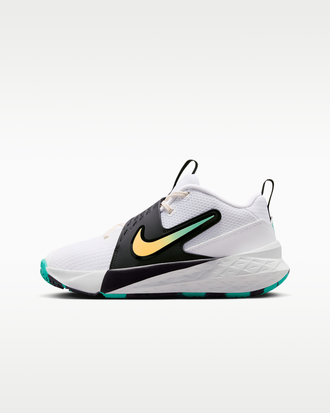 Nike Team Hustle D 12 Big Kids' Basketball Shoes - White/Black/Clear Emerald/Topaz Gold