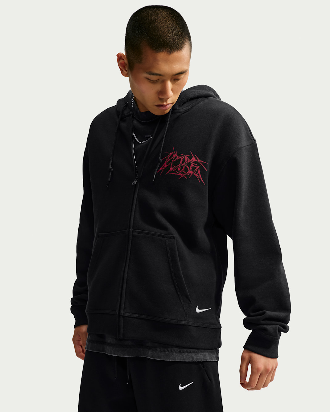 Nike Sportswear 男款全長式拉鍊連帽上衣 - 黑色/Safety Orange
