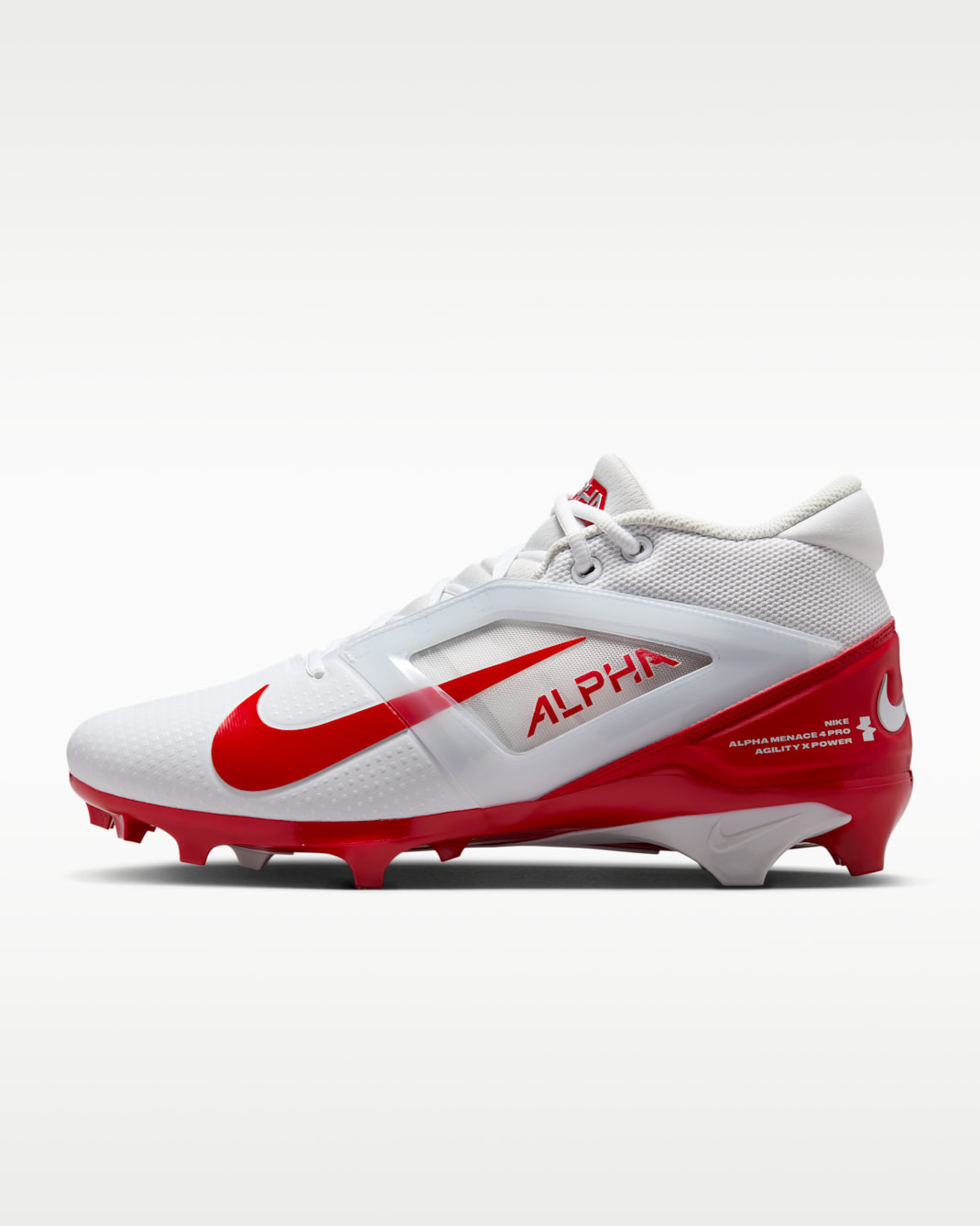 Tacos de fútbol americano Nike Alpha Menace Pro 4 - Blanco/Rojo universitario/Polvo fotón/Rojo universitario