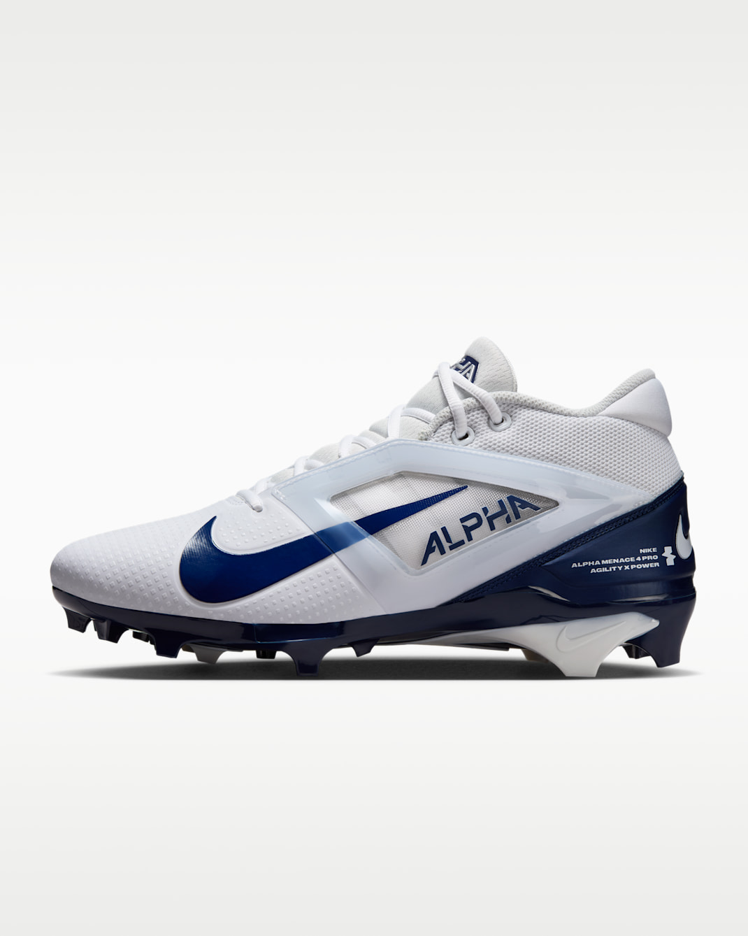 Tacos de fútbol americano Nike Alpha Menace Pro 4 - Blanco/Azul marino medianoche/Polvo fotón/Azul marino medianoche