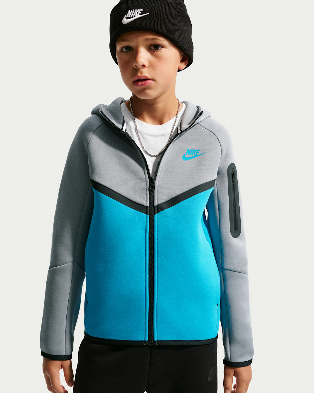 Nike Sportswear Tech fleecehettejakke med hel glidelås til store barn - Stealth/Light Current Blue/Svart/Light Current Blue